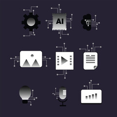 Generative AI artificial intelligence icon set collection, Artificial intelligence elements