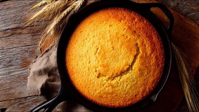 Freshly baked cornbread in a cast iron skillet, ready to be enjoyed.