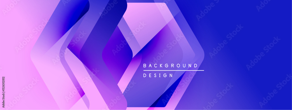 Poster abstract geometric shapes blend purple, pink hues. modern design features overlapping layers, gradie