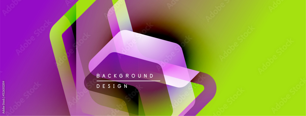 Poster abstract geometric shapes, vibrant gradients. purple blends into yellow. text reads background desig