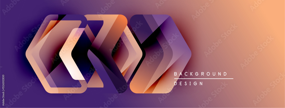 Poster abstract geometric shapes overlap, creating layered effect. purple, orange hues dominate design. mod