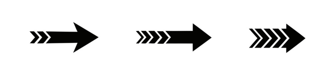 Three Solid Black Directional Arrows with Angled Lines Pointing Right on White