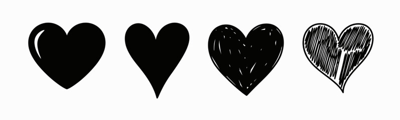 Black Hearts Shapes in a Row with different outlines on a White Background