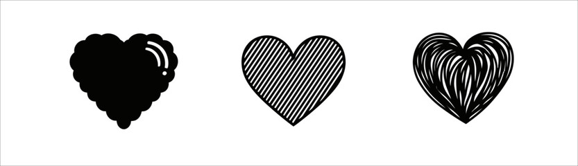 Three hearts with different textures in monochrome isolated on white background