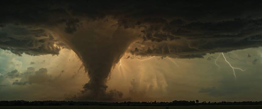 Approaching Vortex. A Powerful Tornado and Lightning Strikes over a Dark Landscape.