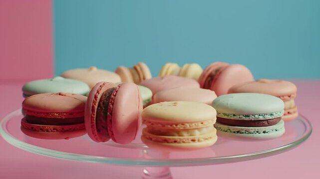 Colorful Macarons on Glass Cake Stand A Delightful Pastry Display