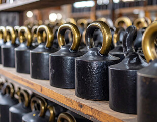 Golden Ghanaian brass weights placed symmetrically showcasing ancient heritage trade currency of West Africa.