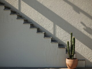 Cactus near a wall with stairs casting shadows in warm light, architectural detail.