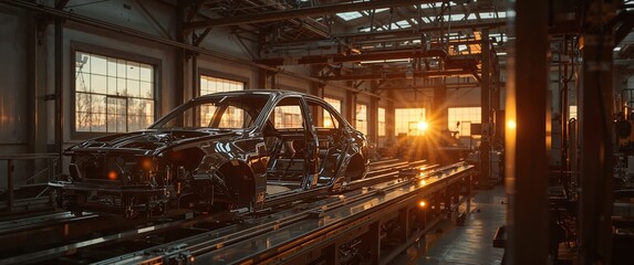 Obraz premium Car Manufacturing. The Assembly Line at Sunset Showcasing Automotive Innovation.