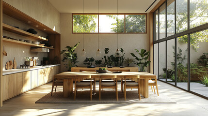 Obraz premium Modern dining space with sleek light wood elements and abundant natural light