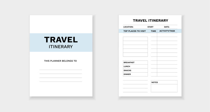 Travel itinerary for organizing trips effectively. includes sections for locations, tasks, and notes.