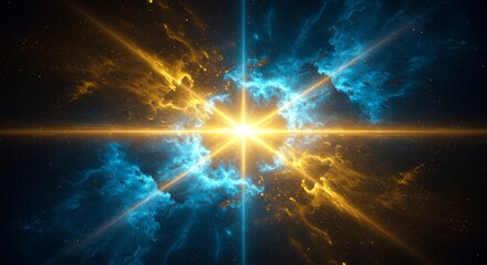 Starburst of light amid nebula-like blue and gold formations, with beams emanating from a central point