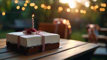 Close-up of retirement cake and wrapped gifts on celebration table, festive background,