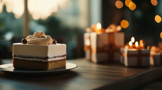Close-up of retirement cake and wrapped gifts on celebration table, festive background,