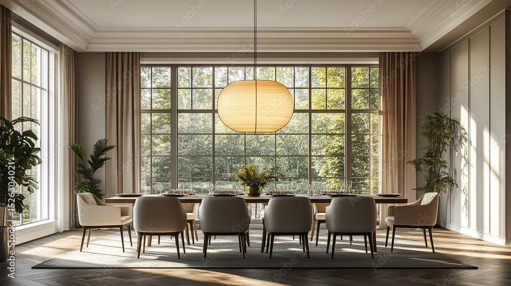 Aufkleber modern formal dining setup with tall windows and soft shadows, creating serene atmosphere