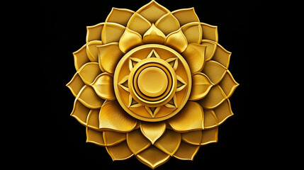Obraz premium yellow solar plexus manipura chakra third chakra out of seven. yellow chakra symbol isolated on black background
