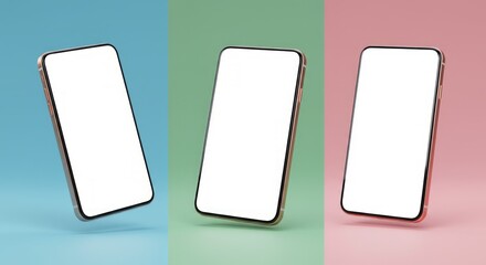 Three blank smartphone displays on pastel backgrounds