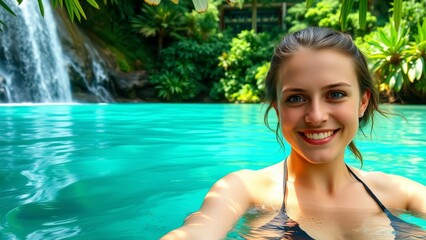 Happy woman on vacation, in bikini, swimming on island, near small waterfall