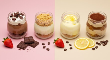 Three delicious dessert jars featuring chocolate, tiramisu, and lemon flavors