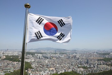 South Korean Flag Over Seoul Cityscape