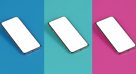 Three smartphones with blank screens on vibrant backgrounds