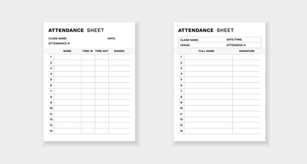 Attendance sheet form template with spaces for names, signatures, and time to track student presence.