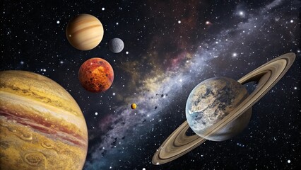 Naklejka premium Otherworldly Star Systemю. A surreal view of an alien star system with glowing planets, mysterious celestial bodies, and colorful nebulae. Perfect for science fiction and cosmic themes.