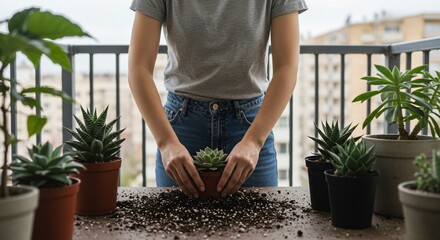 Woman's hands potting succulent on balcony with soil and potted plants