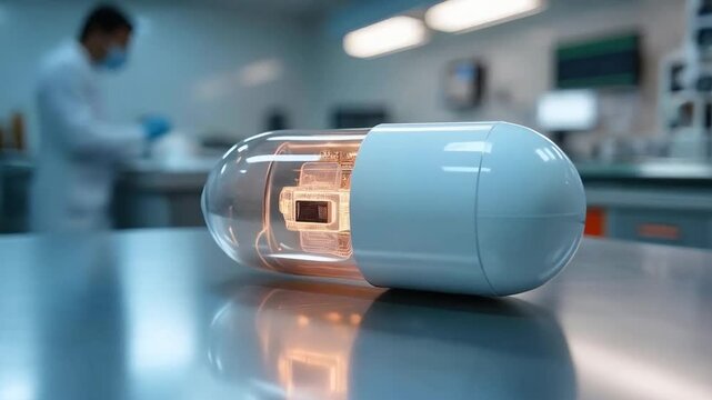 A large, white, capsule-shaped pill with a visible microchip embedded inside, lying on a sterile stainless steel table in a high-tech laboratory 