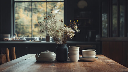 cozy dining space featuring wooden table adorned with vase of dried flowers and ceramic dishes