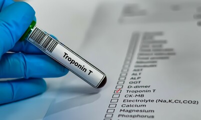 Blood sample tube and paper order request for troponin T.