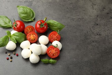 Mozzarella cheese, tomatoes, basil and peppercorns on grey table. Space for text