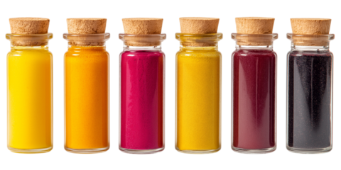 Six small glass bottles with cork stoppers isolated on white background