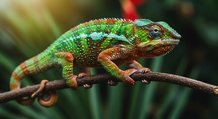 Obraz premium Vibrant Green and Orange Chameleon on Branch
