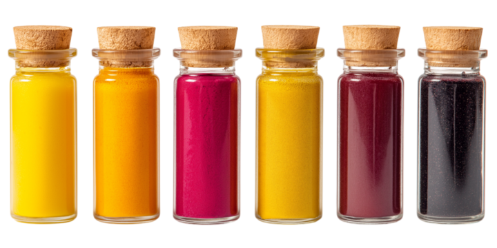 Six small glass bottles with cork stoppers isolated on white background