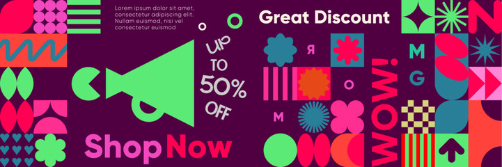 Plakat Bold and playful discount banner with megaphone, geometric shapes, and bright retail symbols promoting 50% off in vibrant collage style.