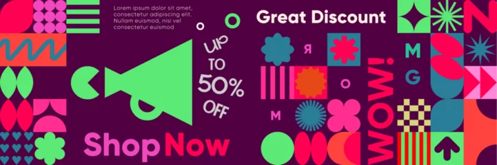 Fotobehang Bold and playful discount banner with megaphone, geometric shapes, and bright retail symbols promoting 50% off in vibrant collage style. © Molibdenis-Studio