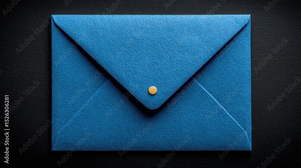Poster blue envelope with gold clasp on black background, symbolizing communication and direct mail marketi