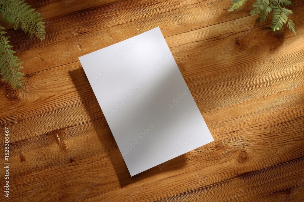 Poster blank white paper on rustic wood table with fern, ideal for mockups and creative invitations, showca
