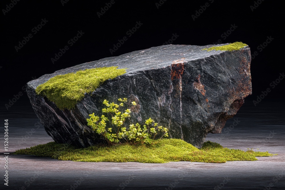 Poster large stone slab covered in moss and small plants, representing natural beauty and product placement