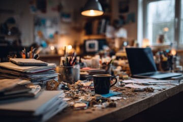 Creative studio desk scene with organized chaos notebooks, pens, papers, coffee cup, laptop scattered with intention