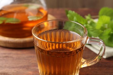 Aromatic lemon balm tea in glass cup, teapot and fresh leaves on wooden table, closeup