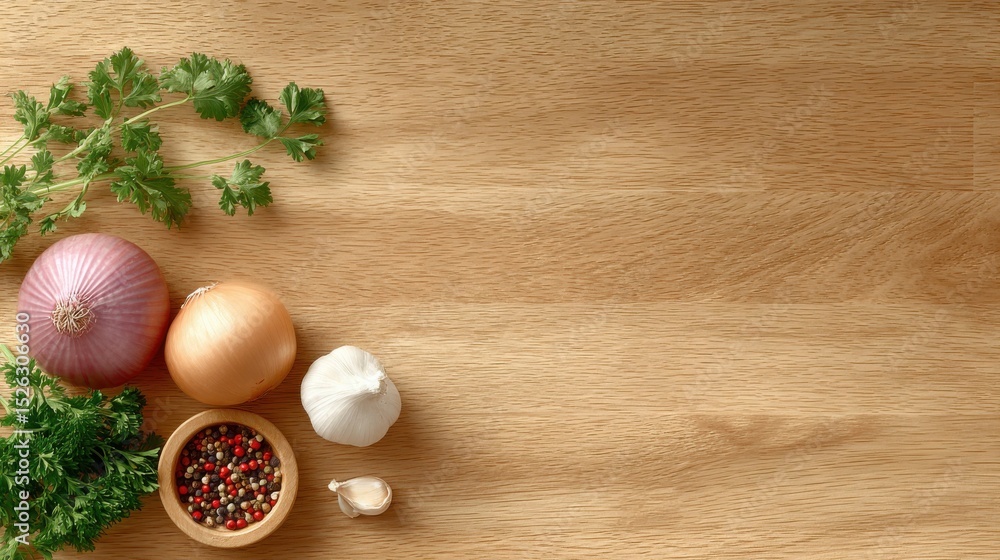 Poster overhead view of fresh vegetables and herbs on wooden surface, representing healthy eating and culin