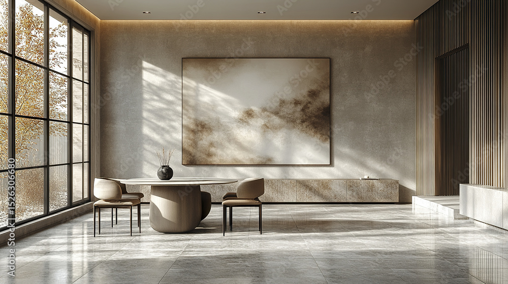 Poster modern dining setup featuring neutral tones and subtle shadows, creating serene atmosphere