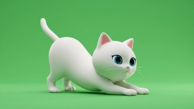 All-white cartoon cat walking confidently on green background