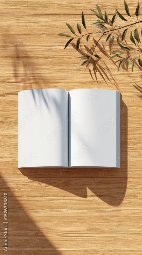 Aufkleber open book with blank pages on wooden desk, representing creativity and educational resources for wri