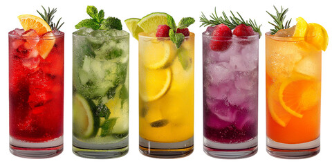 Five refreshing cocktails isolated on white background