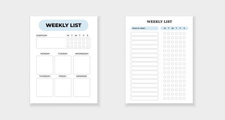 Weekly planner and cleaning checklist forms to help organize tasks and manage time efficiently.