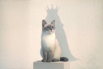 Confident Siamese cat on pedestal casting shadow with crown, symbolizing self-esteem and royalty humor meme concept