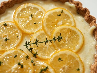Delicious Lemon Tart with a Buttery Crust, Creamy Filling, and Thyme Decoration.